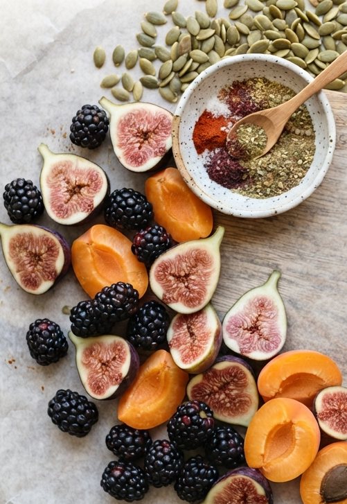Fresh figs, apricots and berries with natural spices